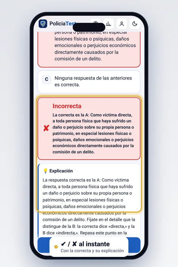 PoliciaTest: pregunta corregida con explicación